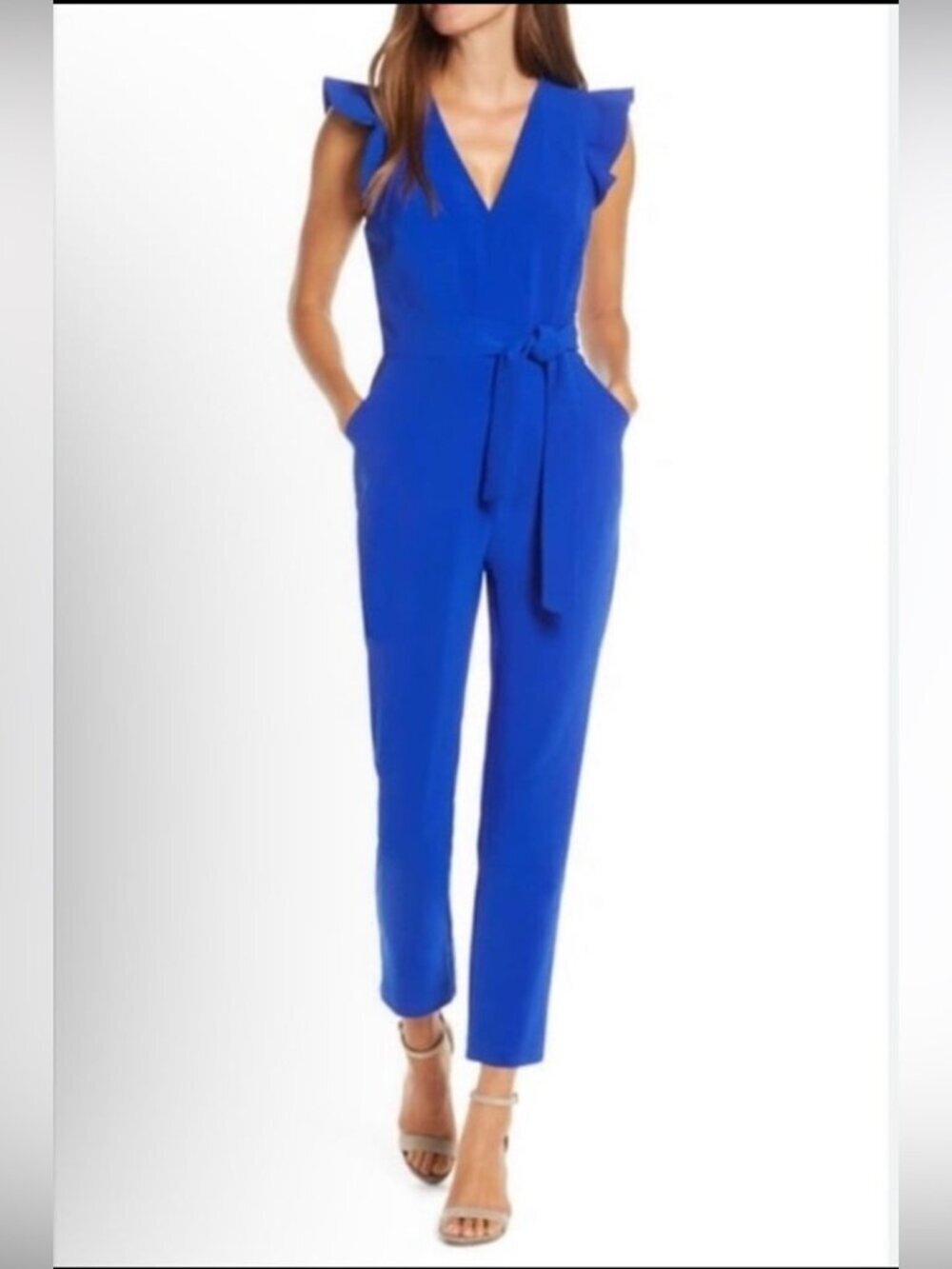 Adelyn Rae Cai Ruffle Cap Sleeve Jumpsuit in Cobalt, Size M